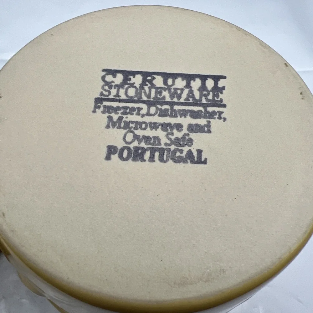 Pair 2 Cerutil Stoneware Mustard Yellow Ramekin Set Portugal Raised Olive Motif